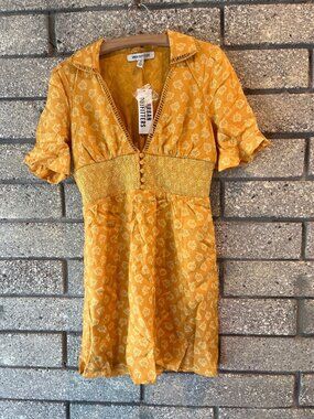 Urban Outfitters Yellow Floral Mini Dress With Smocked Waist & Button Detail Siz